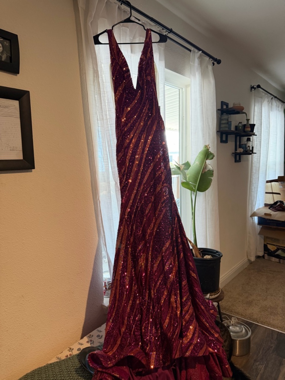 Jovani Burgundy and Gold Sequin V-Neck Prom Gown - Size 6